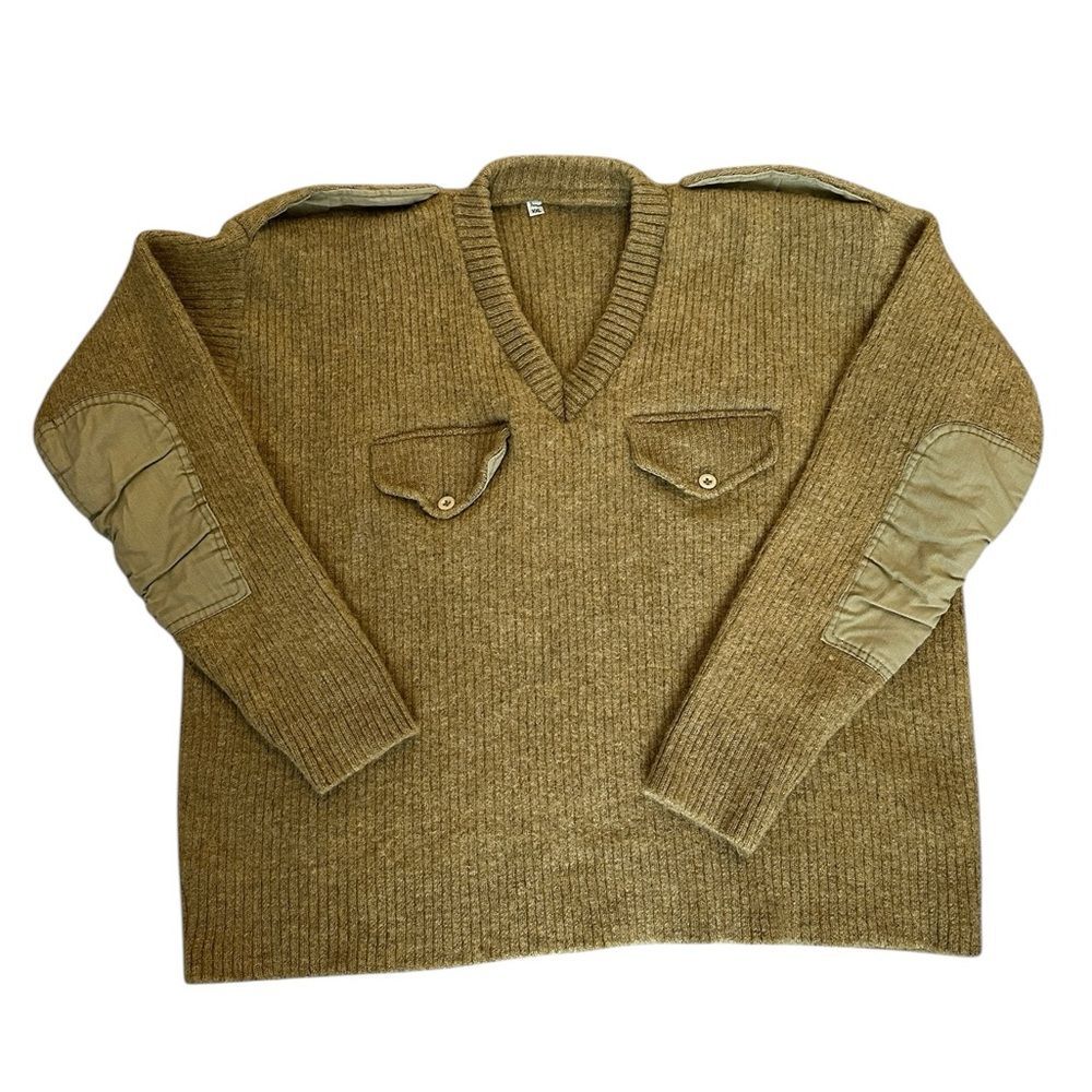 VTG Men’s Indian Army Khaki Wool Sweater with Pockets and Epaulets